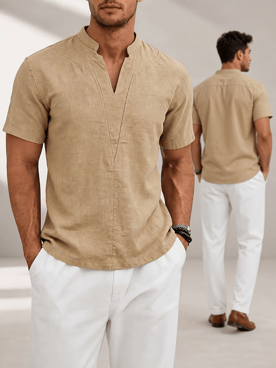 Men'S Minimalist Summer Casual Shirt, Linen Texture Short Sleeve Stand Collar V-Neck Pullover, Soft And Breathable, Loose Fit, Suitable for Business Casual, Vacation, Weekend Gatherings, And More - Khaki 1 Pack