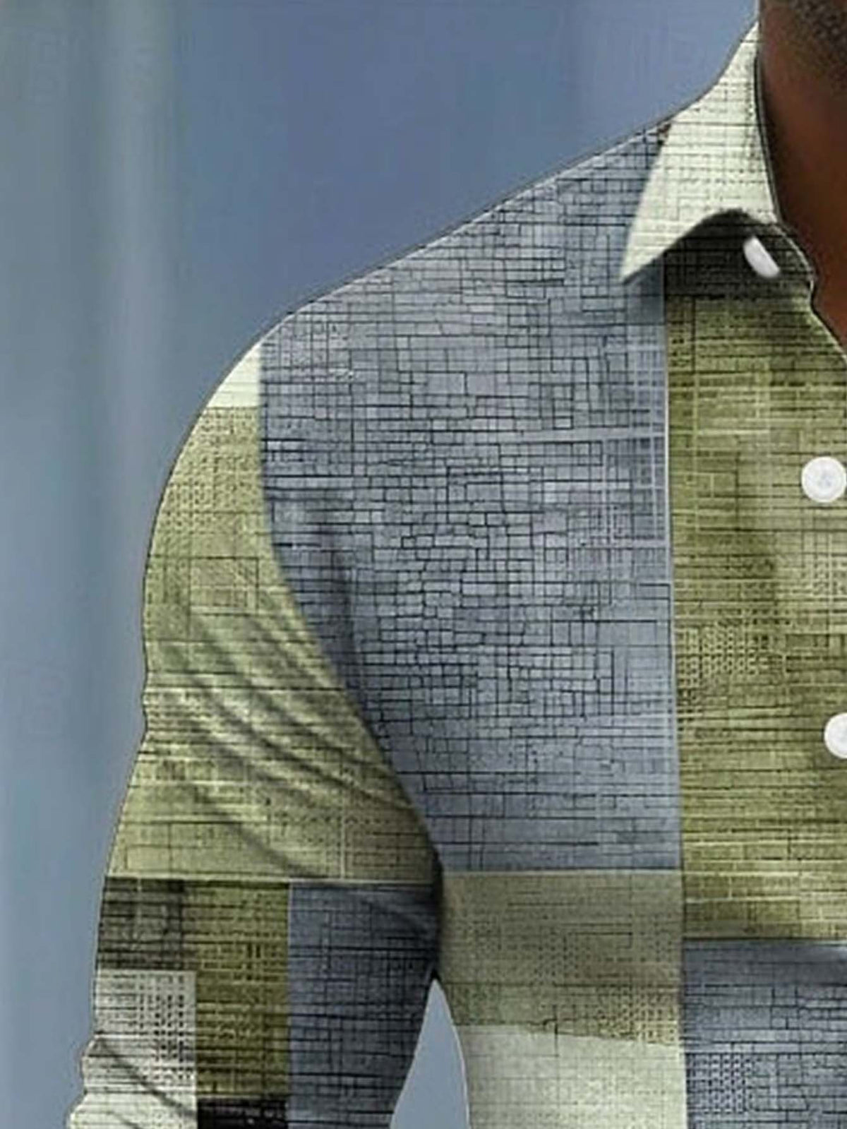 Men's Long-sleeve Shirt with Geometric Plaid Patchwork Print, Featuring a Mature Business-casual Style, Suitable for Workplace Commuting, Casual Gatherings, and Light Business Attire Occasions - Light Green