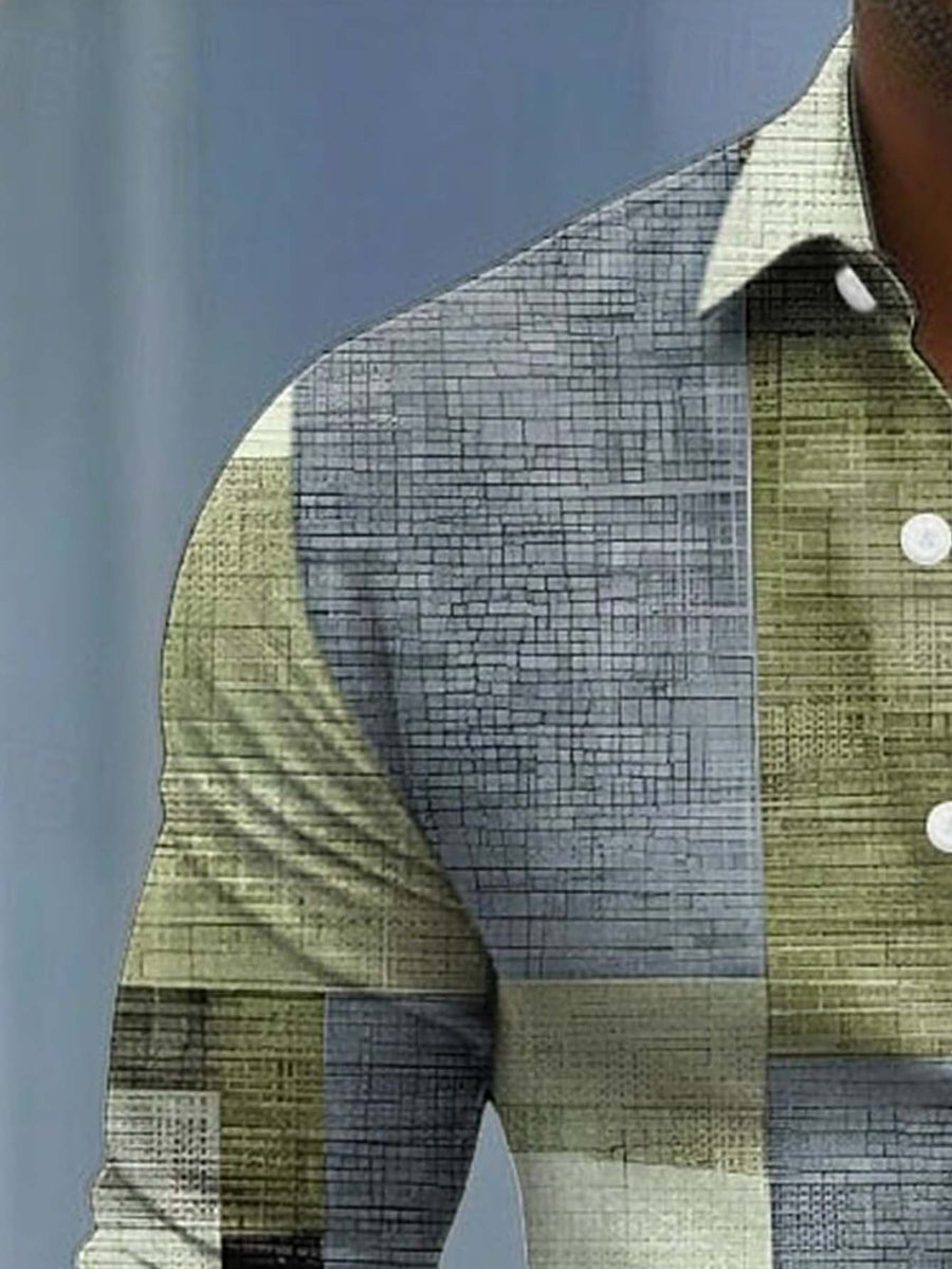 Men's Long-sleeve Shirt with Geometric Plaid Patchwork Print, Featuring a Mature Business-casual Style, Suitable for Workplace Commuting, Casual Gatherings, and Light Business Attire Occasions - Light Green