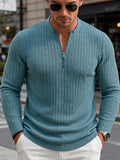 Men'S Fashion Top, Autumn Winter Outdoor Casual Textured Ribbed Fabric, Zipper Neck Design Long Sleeve Patchwork Men'S Henley Shirt - Military Blue