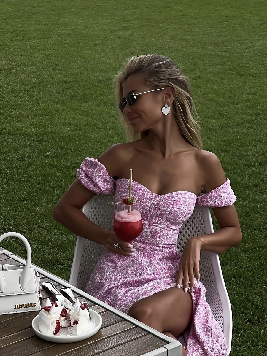 French-Style Dress - Heart-shaped Neckline with Puff Short Sleeves, Small Floral Print Design, Waist-Cinching High Slit for a Fresh and Gentle Look, Suitable for Dates, Vacations, Afternoon Tea, and Beach Photoshoots. +YYTT - Magenta