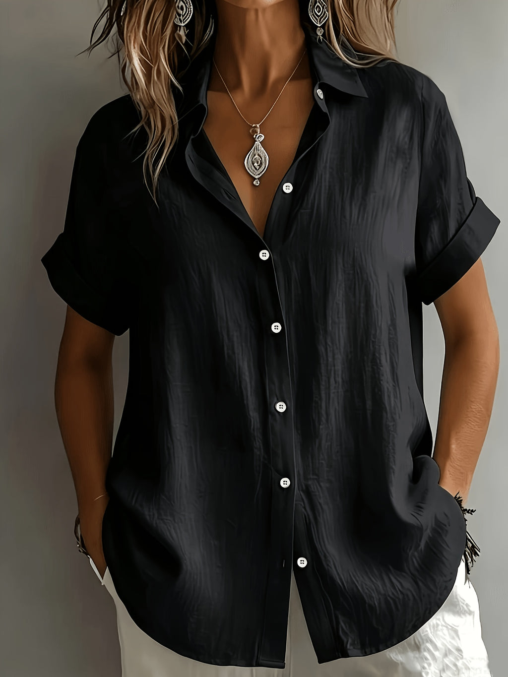 Women's Elegant Vacation-style Short-sleeve Top, Loose and Relaxed Shirt, Commuting Casual Literary Style, Figure-flattering, Daily Temperament Style, Loose and Draping, Breathable and Comfortable - Black