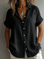 Women's Elegant Vacation-style Short-sleeve Top, Loose and Relaxed Shirt, Commuting Casual Literary Style, Figure-flattering, Daily Temperament Style, Loose and Draping, Breathable and Comfortable - Black