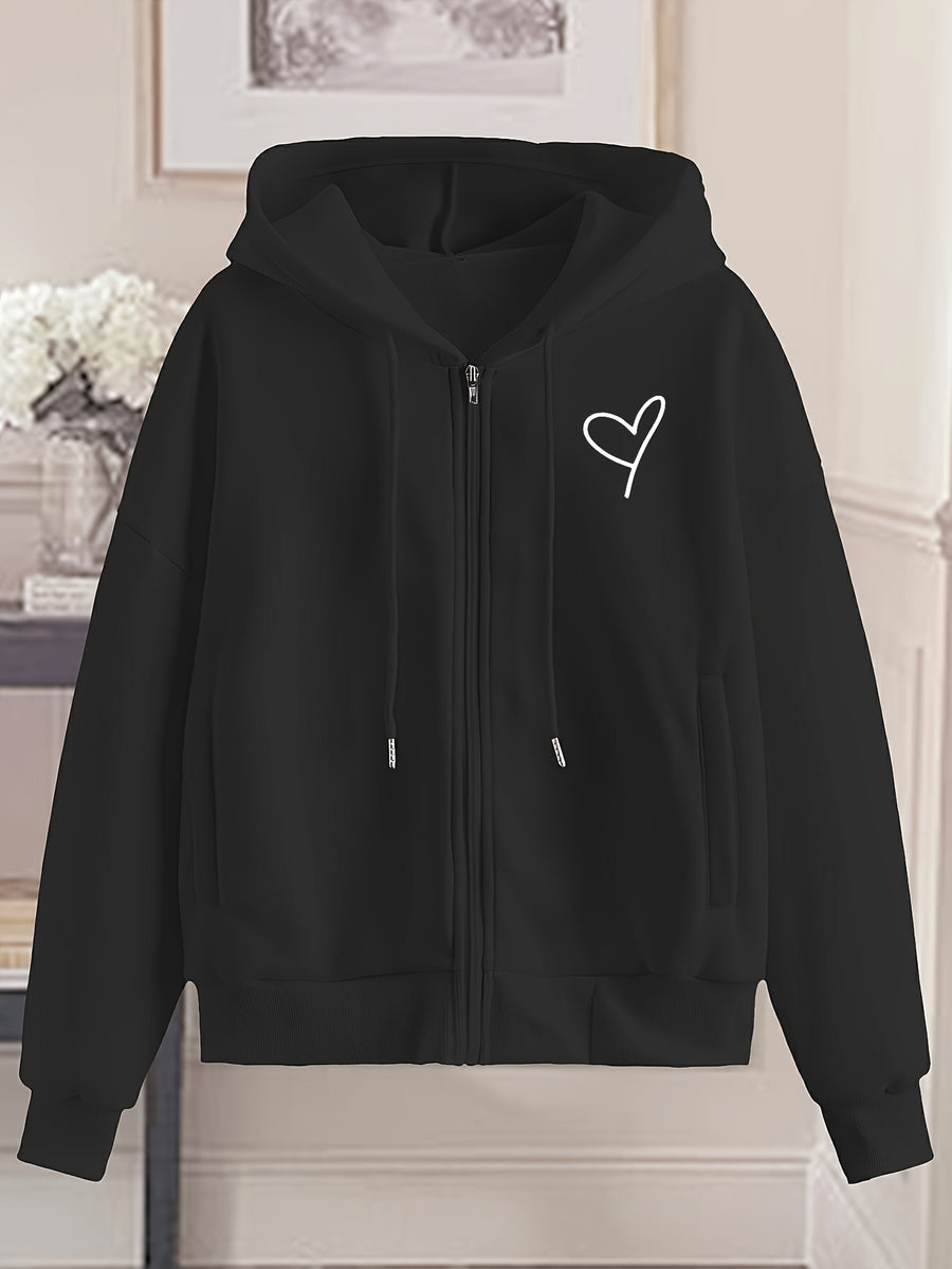 Love Print Hooded Zip-Up Sweatshirt Women'S Loose Casual Basic Cardigan Jacket - Black