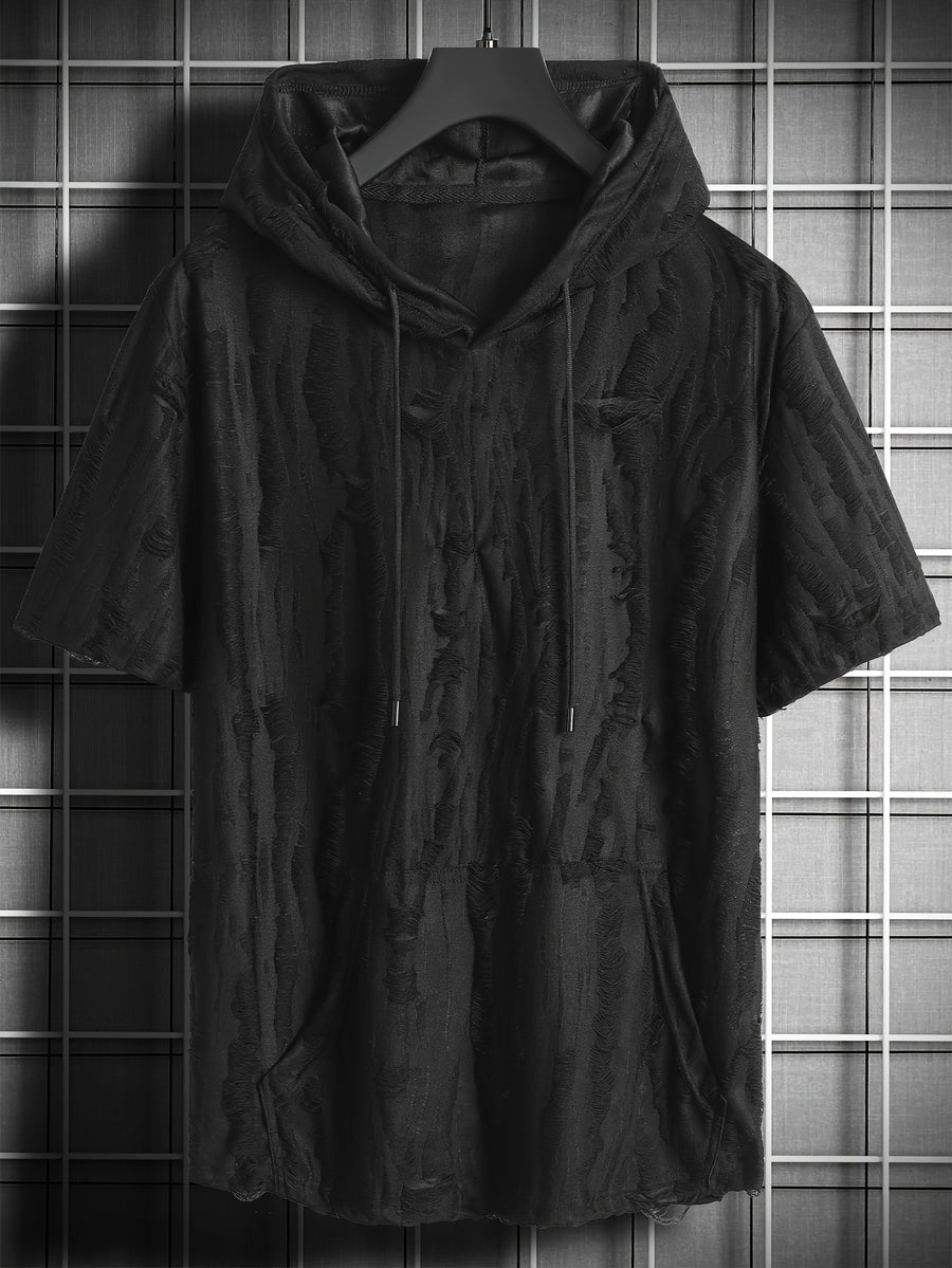 Men's Minimalist Casual Sport Short-Sleeve T-Shirt, Lightweight Wrinkle-Resistant Fabric, Breathable and Wear-Resistant, Hooded Drawstring Design, A Must-Have Summer Fashion Item, Practical Kangaroo Pocket, Dark Textured Feel, Trendy and Cool Style - Black