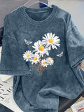 Daisy Print Crew Neck Short Sleeve  Casual Everyday Washed T-Shirt - Blue