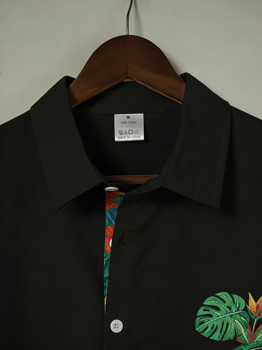 100% Men'S Casual Short Sleeve Shirt, Pure Fabric with Print And Color Block Design for Summer, Beach Vacation Style Blouse, Fabric Is Sweat-Absorbent And Breathable, Great Gift for Boyfriend And Husband, Suitable for Outdoor Travel Or Vacation - Soot Black