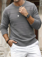 New Minimalist Vintage Basic High-End Feel Autumn/Winter Men's Solid Color Textured Striped Detail Crew Neck Long Sleeve Casual Solid Color Knit Sweater, Suitable for Daily Office Wear - Ash