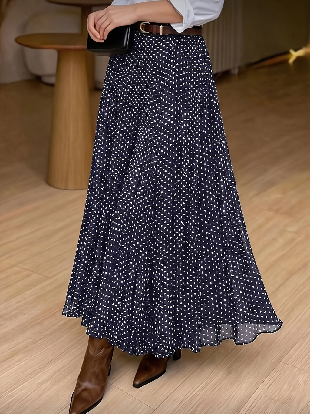 Women's Elegant Polka Dot Pleated A-Line Skirt, New Spring/Summer Style with Elastic Stretch Waist, Simple and Fashionable Women's Skirt, No Belt - Royal Blue