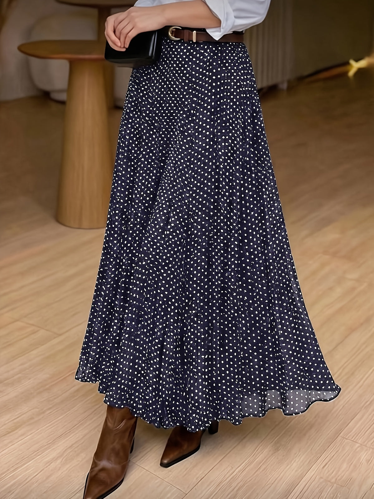 Women's Elegant Polka Dot Pleated A-Line Skirt, New Spring/Summer Style with Elastic Stretch Waist, Simple and Fashionable Women's Skirt, No Belt - Royal Blue