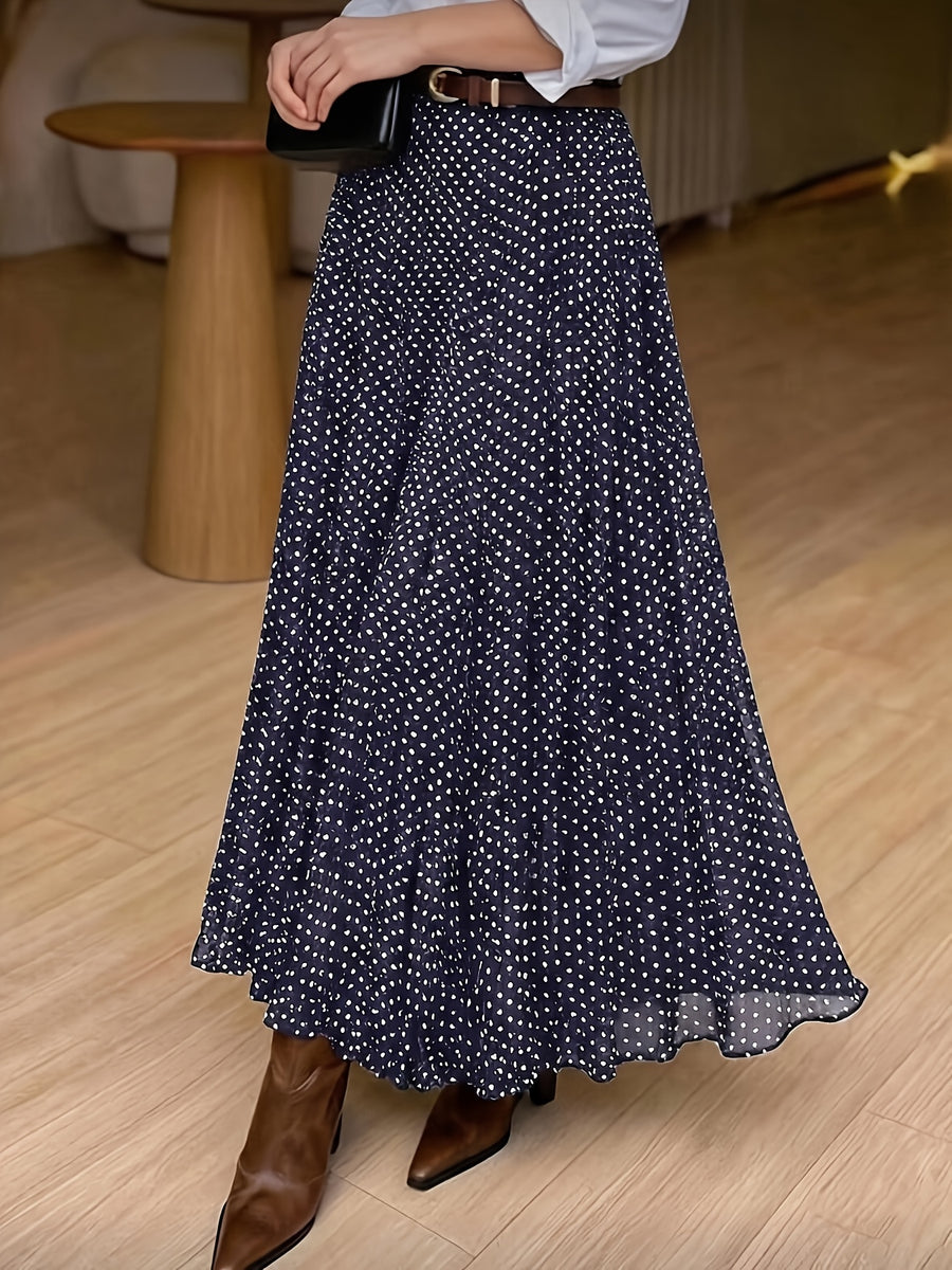 Women's Elegant Polka Dot Pleated A-Line Skirt, New Spring/Summer Style with Elastic Stretch Waist, Simple and Fashionable Women's Skirt, No Belt - Royal Blue