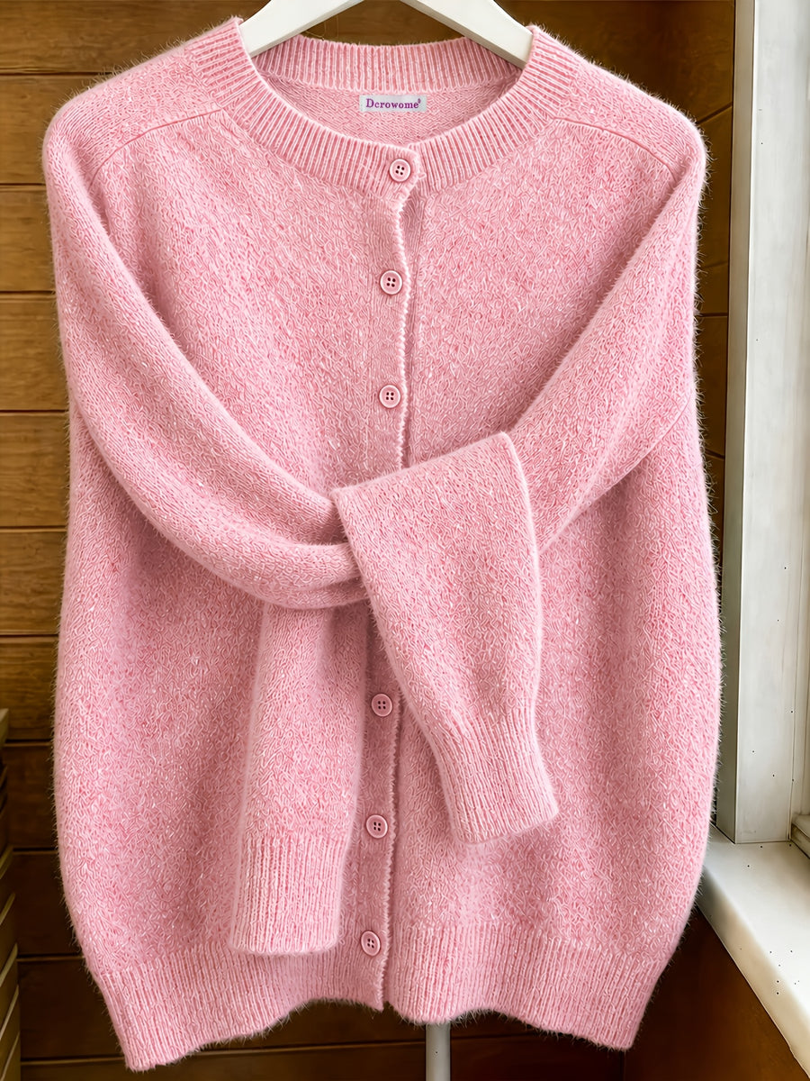 Spring Autumn Solid Color Round Neck Button Sweater Open Cardigan, Loose Casual Fashion Versatile Jacket, Soft Comfortable Elegant Women'S Top - Pink Color
