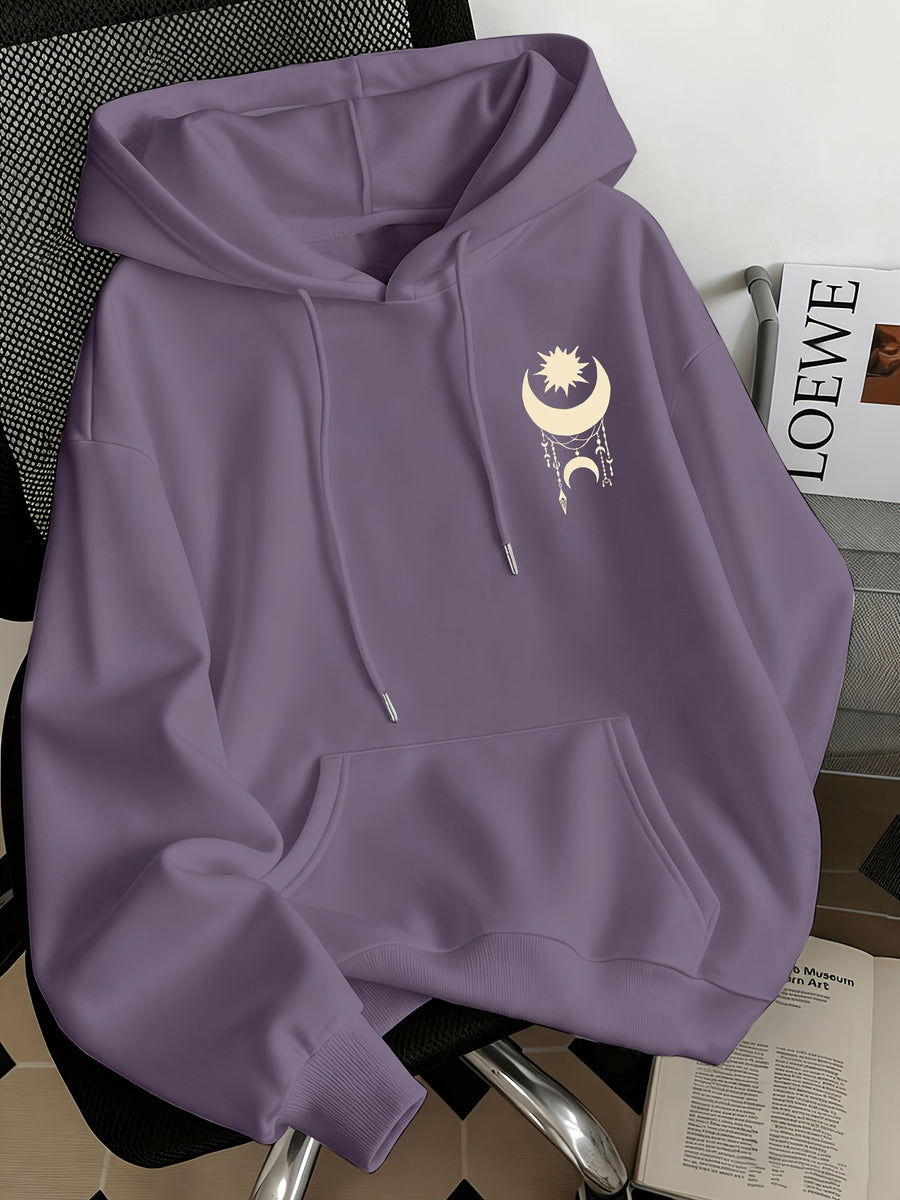 Women'S Fashion Starry Moon Print Casual Hooded Sweatshirt - Light Purple