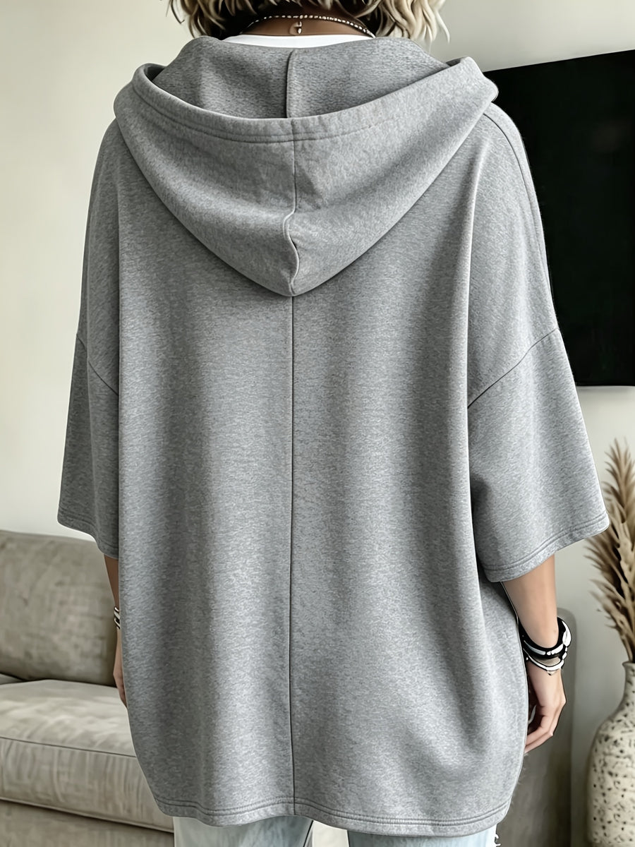 Plus Size - 2pcs Women'S Plus Size Hooded Sweatshirt Set, Elegant Comfortable Easy Solid Color Plus Size Women'S Hoodie - Fashionable And Versatile - Grey+Black