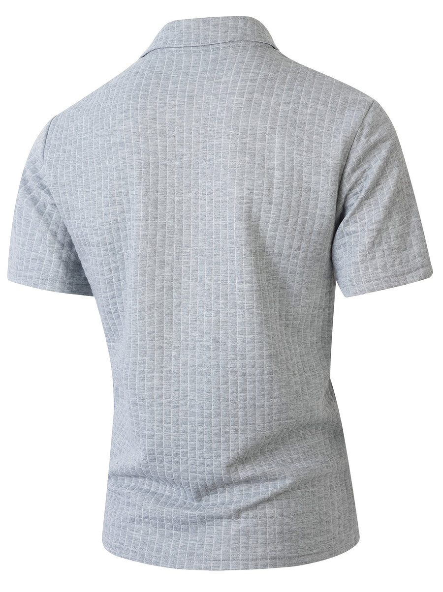 Men'S Waffle Polo Shirt, Zipper Collar Design Short Sleeve T-Shirt, Summer Casual Daily Commute Versatile Top - Grey
