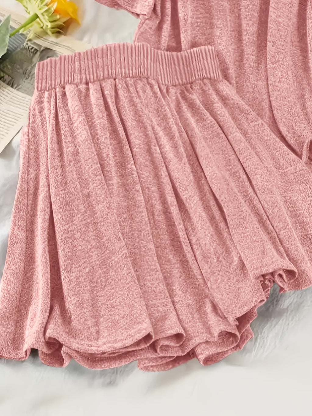 Solid Color Casual Set, Short Sleeve Hooded Top And Drawstring Wrinkle-Free Shorts, Women'S Clothing - pink