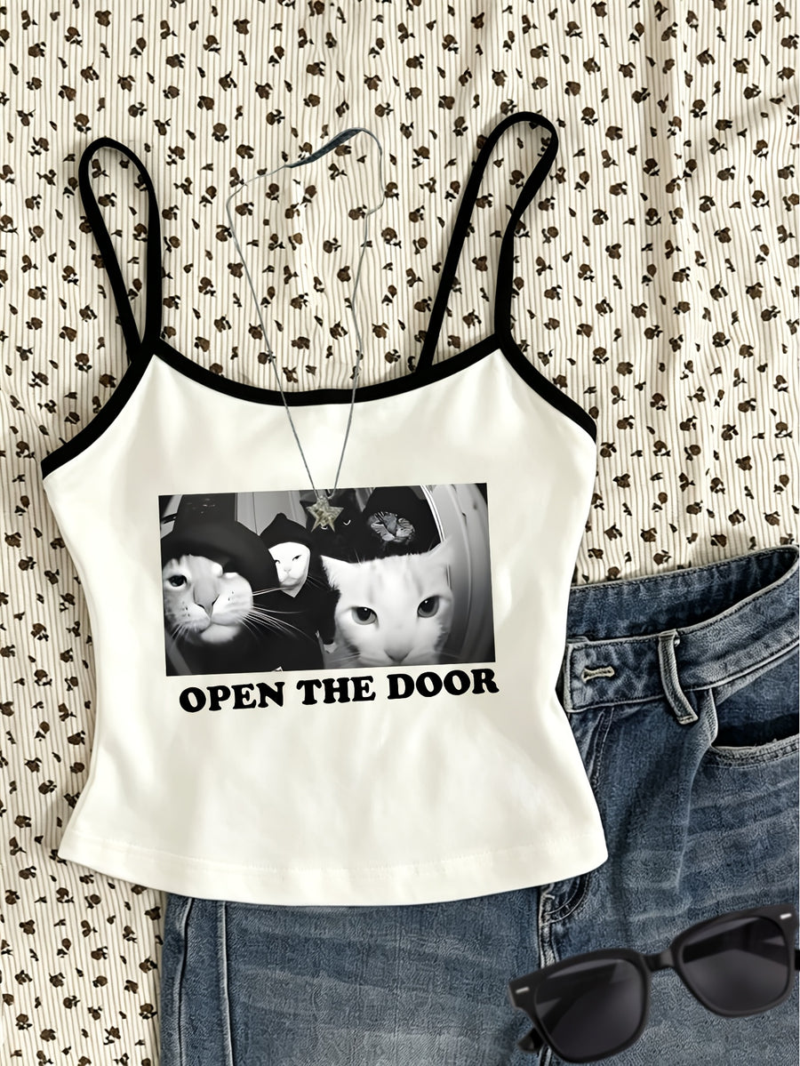1pc Women's Mini Camisole Top with a Playful and Energetic Cat Print. Features a Cool and Edgy Vibe, Effortlessly Creating a Girly Style. Offers a Youthful and Age-reducing Effect, Adding Both Vitality and a Youthful Look. Suitable for Various Styles - White And Black