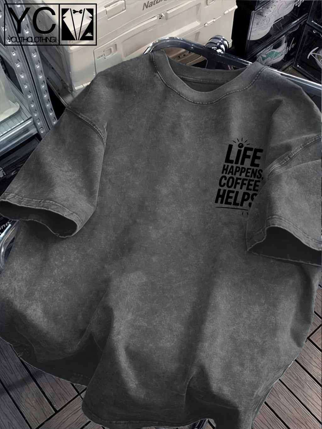 'LIFE HAPPENS COFFEE HELPS' Fun Text and Coffee Infusion Bag Creative Print  Distressed Washed Texture Men's Short-Sleeve T-Shirt, Machine Washable - Short-Sleeve Washed Texture, Loose Fit Crew Neck Casual Shirt - Light Grey