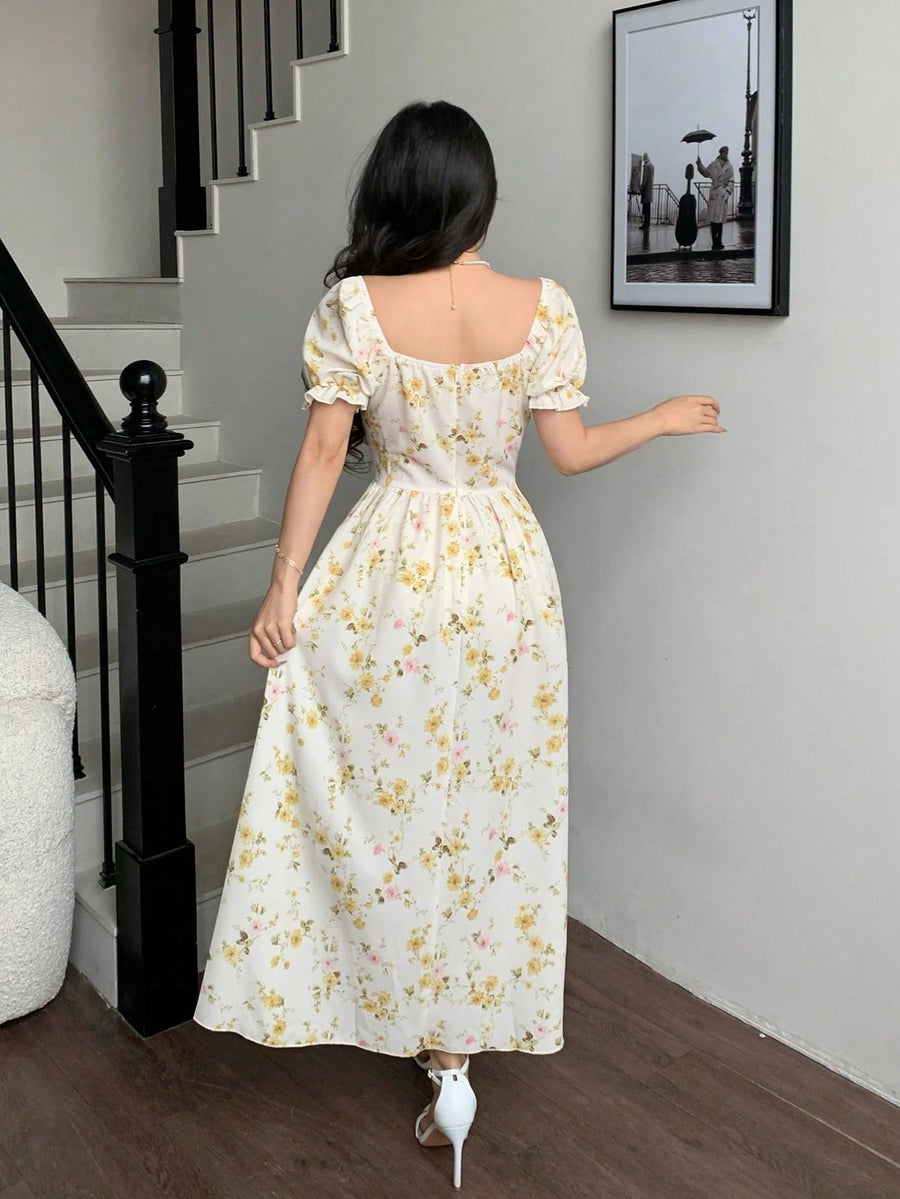 Charming Romantic Dumb Flower Patchwork Lace Collar Long Sleeve Waist-Cinching Elegant Dress, Vacation Wear, Women'S Dress - Lace