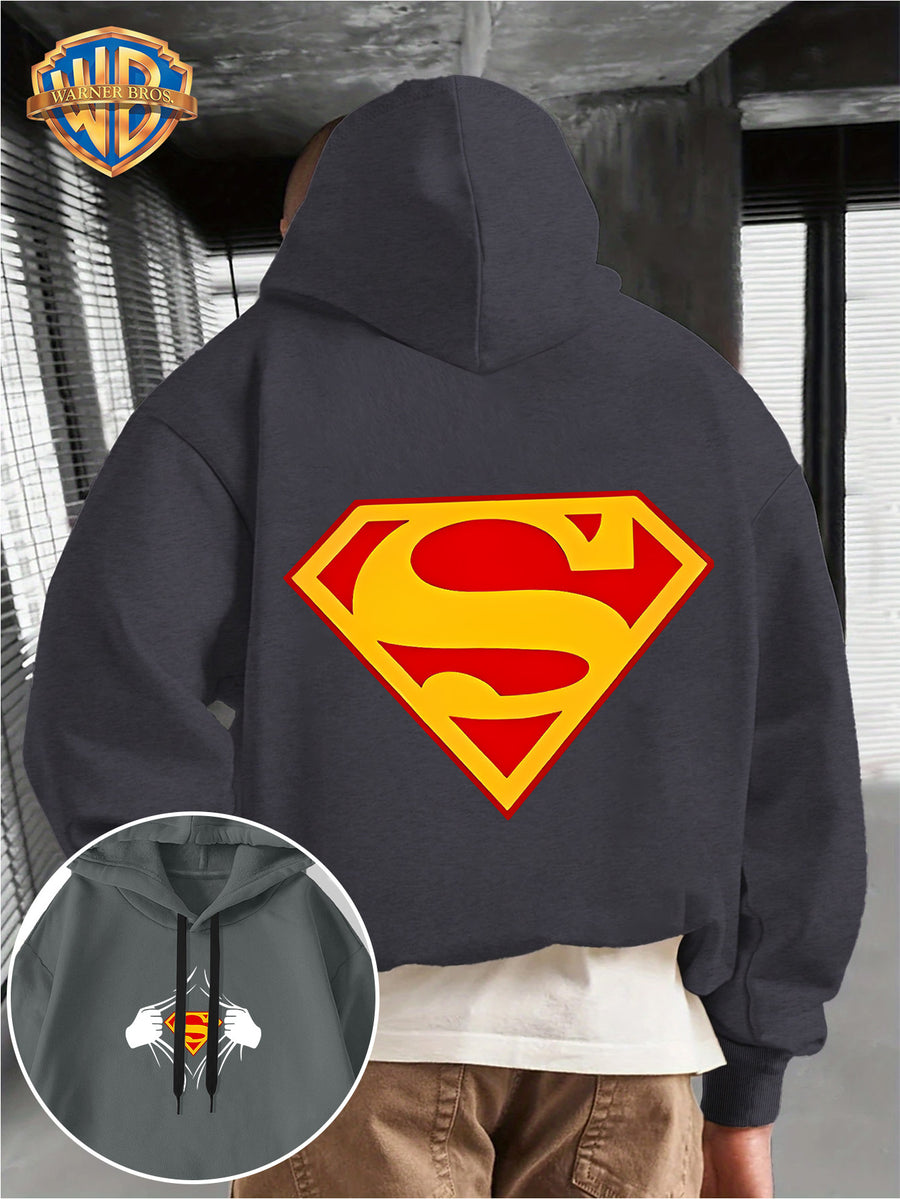 WB Men's Superman 'S' Logo Hooded - Iconic WB Logo & Superman Emblem Print Hoodie, Loose-Fit Casual Pullover with Hood, Fall/Winter Warmth, Machine Washable Suitable for Fall/Winter Warmth, Iconic Superman - Dark Gray