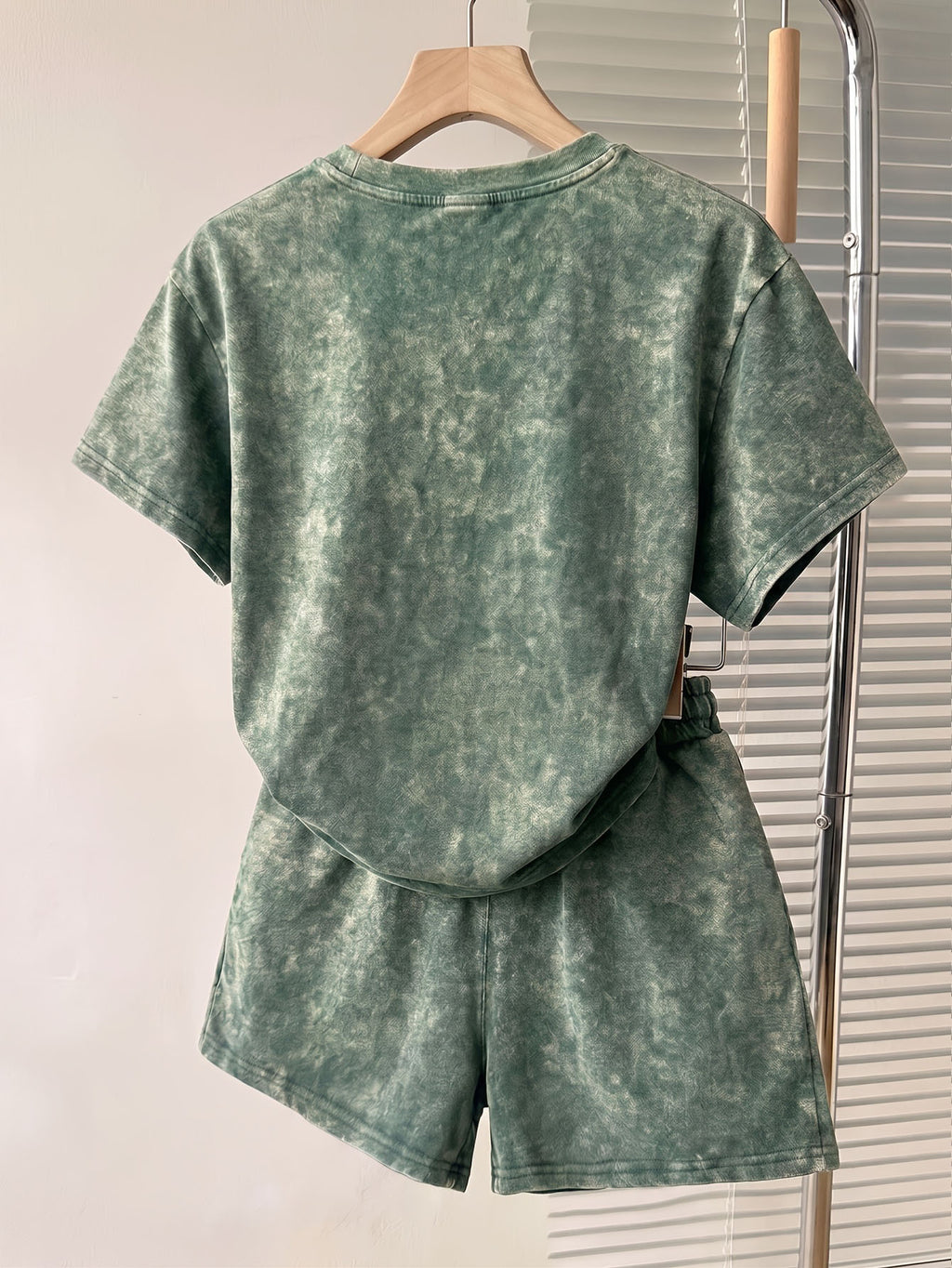 Summer Autumn Fashion Distressed Washed Short Sleeve Shorts with Drawstring Casual Women'S Set, Comfortable for Hot Weather, Classic Silhouette, Relaxed Fit, Casual Home And Outing Two-Piece Set - Green