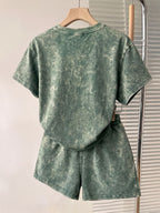 Summer Autumn Fashion Distressed Washed Short Sleeve Shorts with Drawstring Casual Women'S Set, Comfortable for Hot Weather, Classic Silhouette, Relaxed Fit, Casual Home And Outing Two-Piece Set - Green