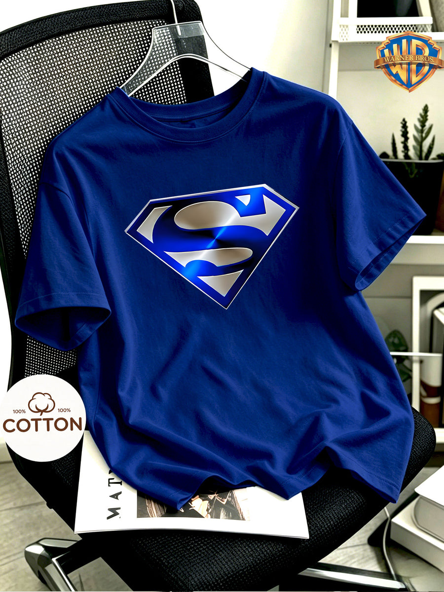 [Warner Authorized] 100% Cotton, Superman Blue Silvery Metal Spring/summer/autumn/winter Men's and Women's Short Sleeved T-shirt, Round Neck Comfortable Top, Soft and Comfortable Fabric, Perfect for Home, Sports, Outdoor, Casual and Daily Wear - Royal Blue