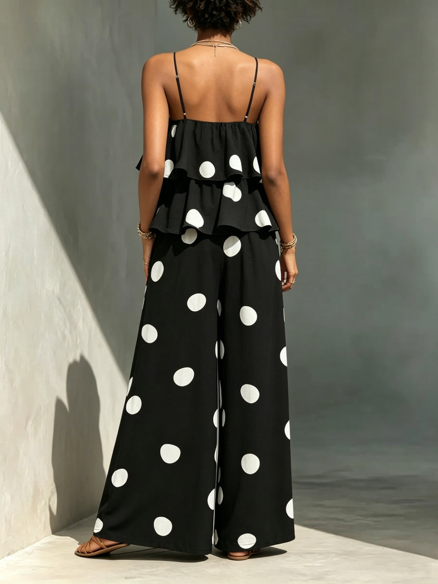 Women'S Elegant Printed Polka Dot Cake Layer Jumpsuit - Black