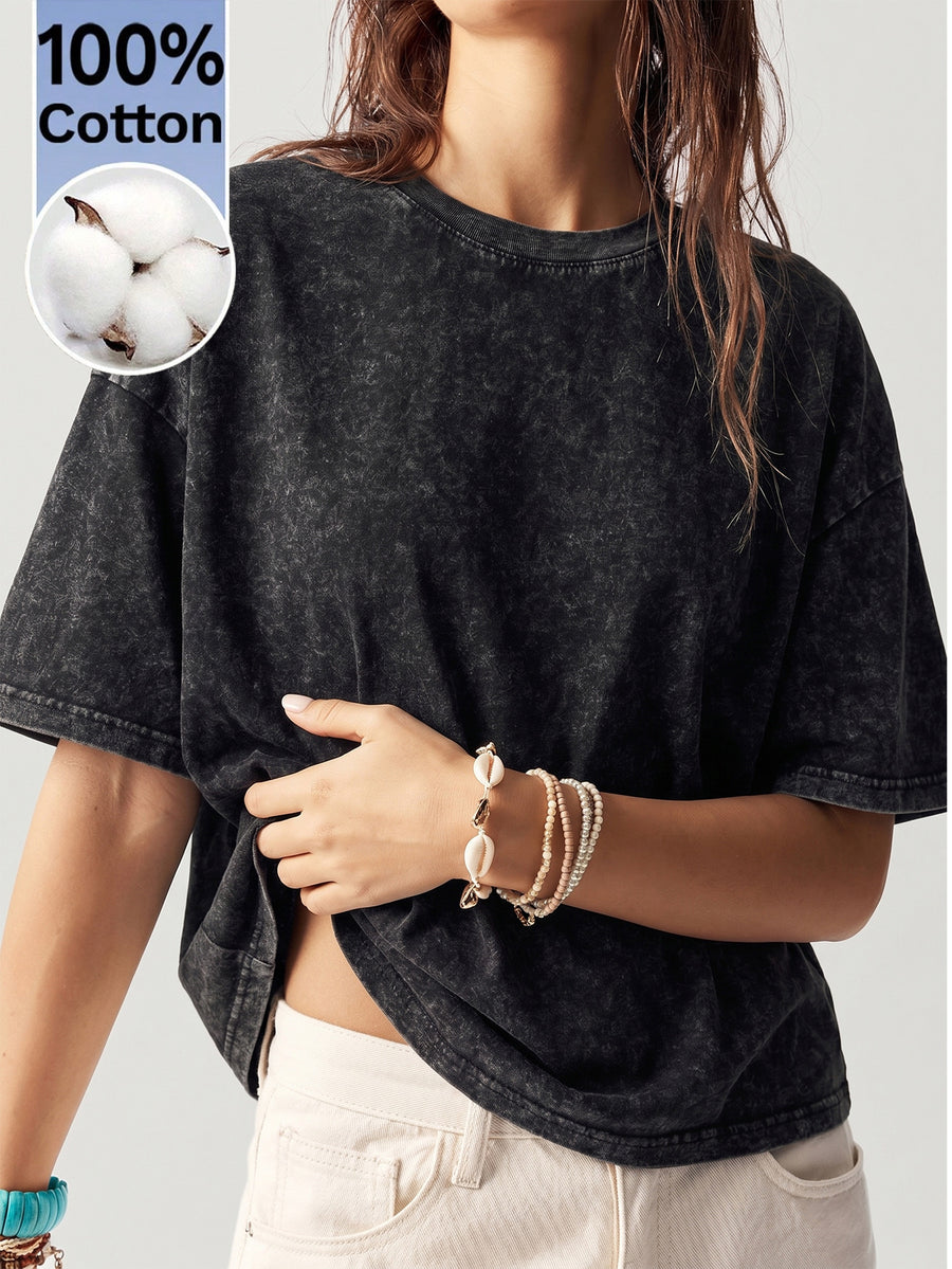 Women's Retro-style Drop-shoulder Loose-fitting Solid Color Pure Washed T-shirt, Fashionable and Casual Short-sleeved Top, Suitable for Everyday Casual Wear, Street Style. - Black