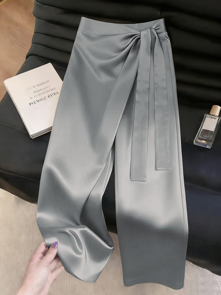 Women'S Fashion Commuter Satin Irregular Lace Bow Zipper Wide-Leg Long Pants - Grey