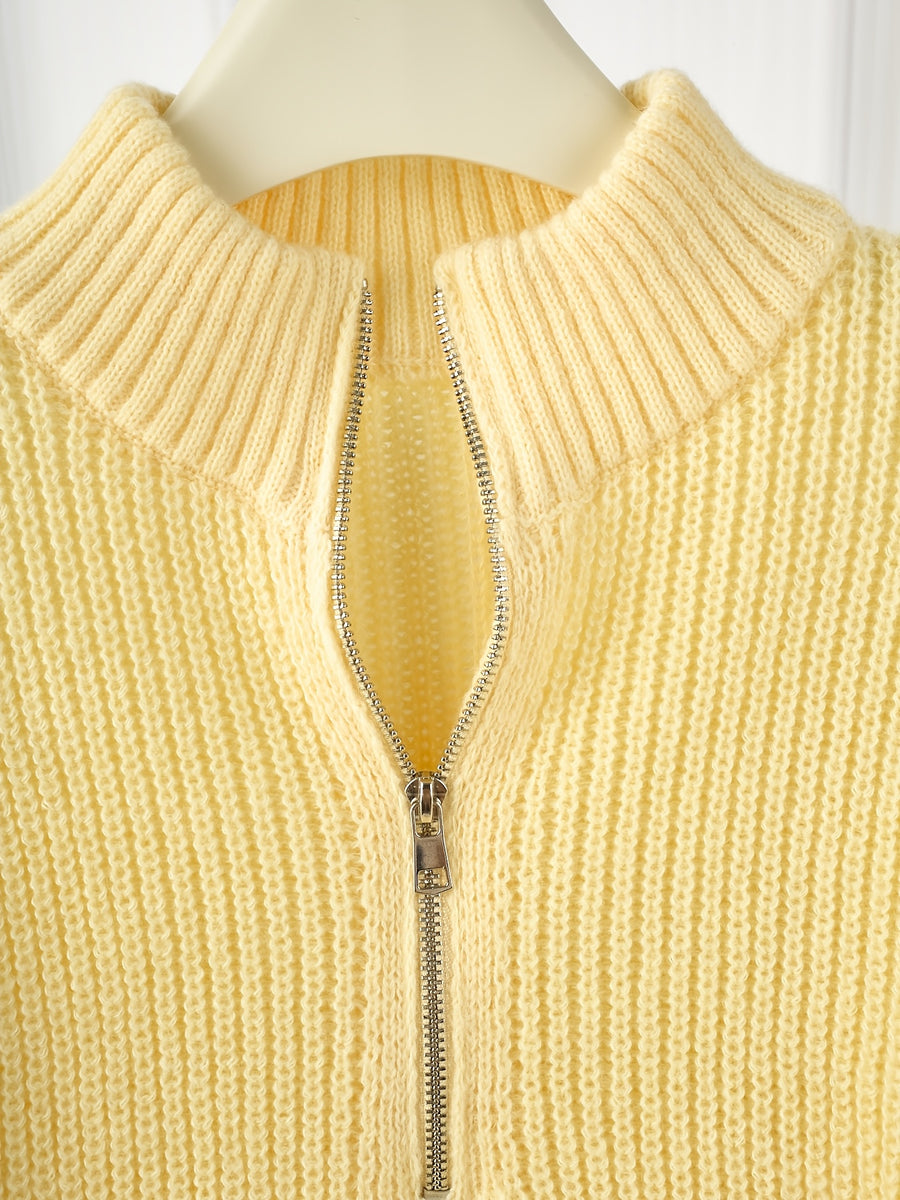 Women's Half-Zip Stand Collar Sweater, Loose Fit Ribbed Cable Relaxed Top, Gavin - Yellow