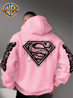 Warner Bros Official Superman Logo Print Men's Trendy Hooded Sweatshirt, Featuring Sleeve Print Design, Kangaroo Pocket, and Drawstring Hood, Suitable for Daily Wear in Autumn and Winter as Well as Outdoor Sports - a Must-have Item for Trend - Pink Color