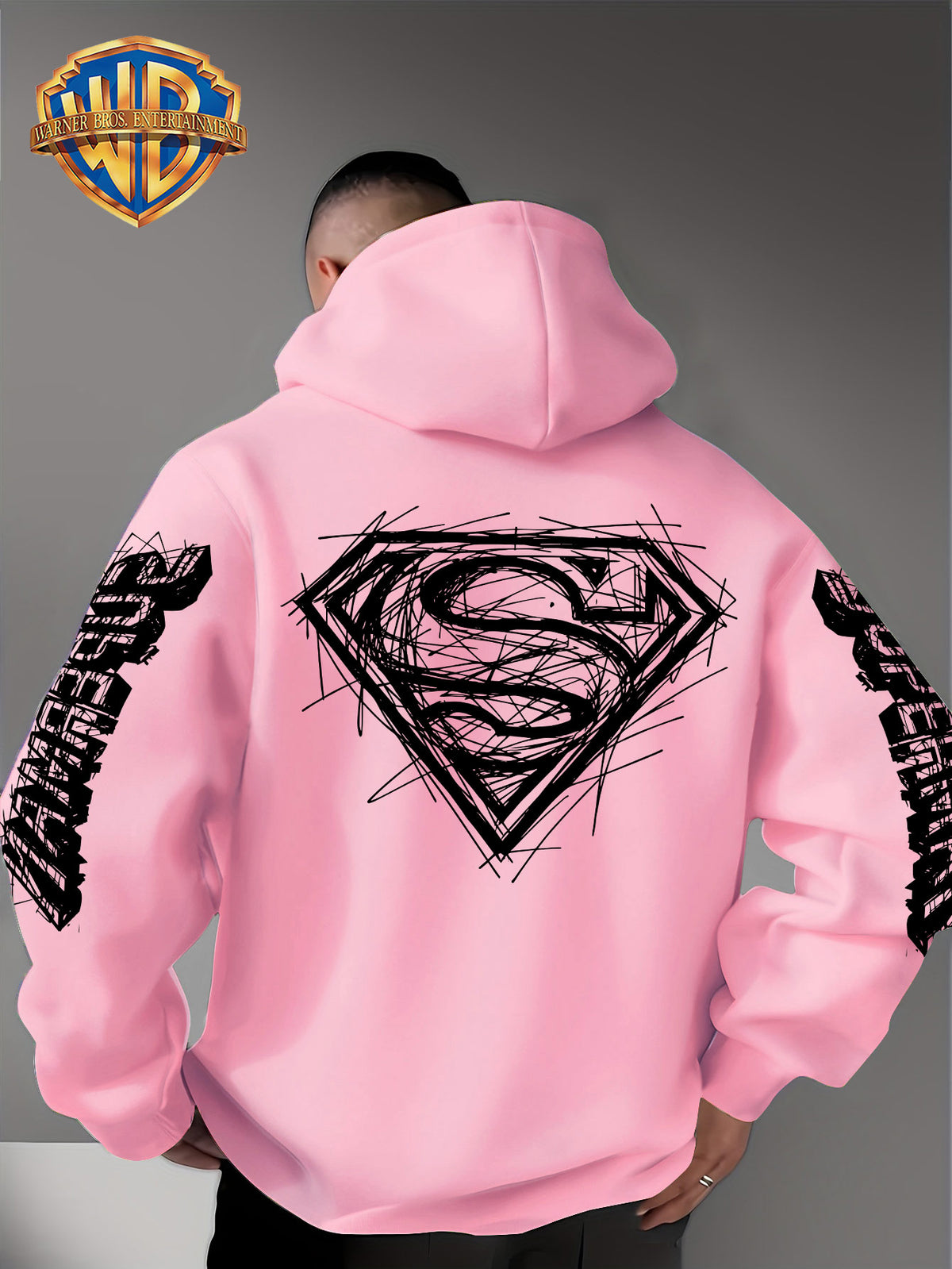 Warner Bros Official Superman Logo Print Men's Trendy Hooded Sweatshirt, Featuring Sleeve Print Design, Kangaroo Pocket, and Drawstring Hood, Suitable for Daily Wear in Autumn and Winter as Well as Outdoor Sports - a Must-have Item for Trend - Pink Color