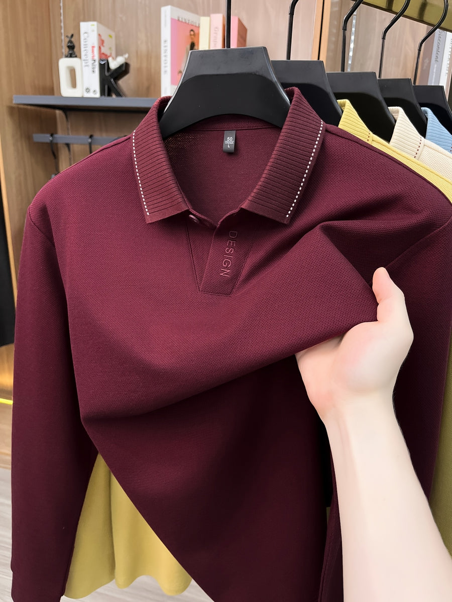 New Autumn 2026 Men's Long-Sleeve Solid Color Seagull Collar Lapel Casual Polo T-Shirt - Burgundy