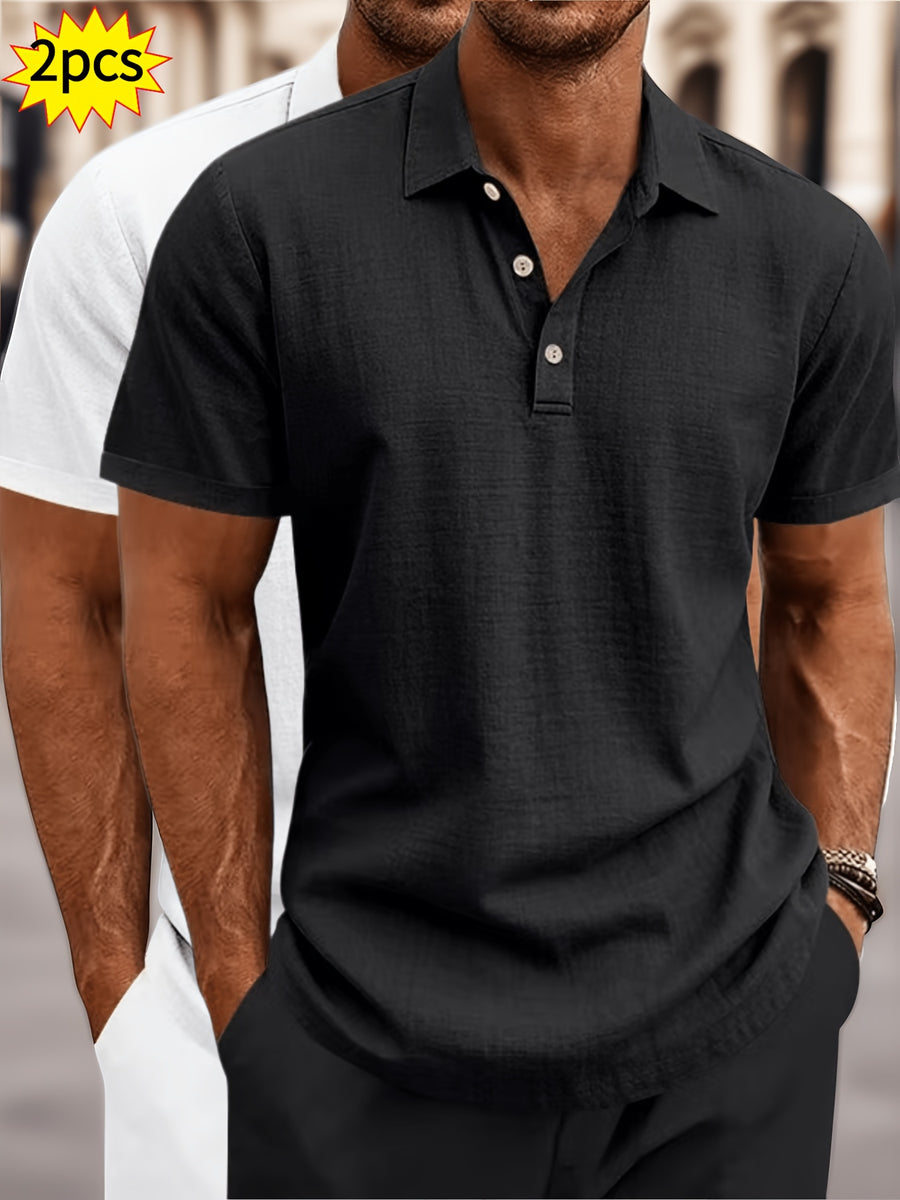 2pcs Summer Cooling Linen Polo Shirt Set, Men'S Breathable Solid Casual Shirts - Black+White