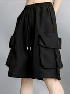 Solid Color High-waist Wide-leg Shorts, Casual Workwear-style Shorts with a Practical Multi-pocket Design, Suitable for Outdoor Leisure and Daily Wear - Black