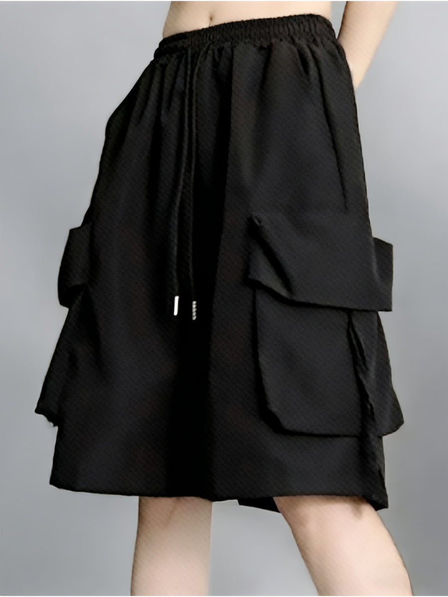 Solid Color High-waist Wide-leg Shorts, Casual Workwear-style Shorts with a Practical Multi-pocket Design, Suitable for Outdoor Leisure and Daily Wear - Black