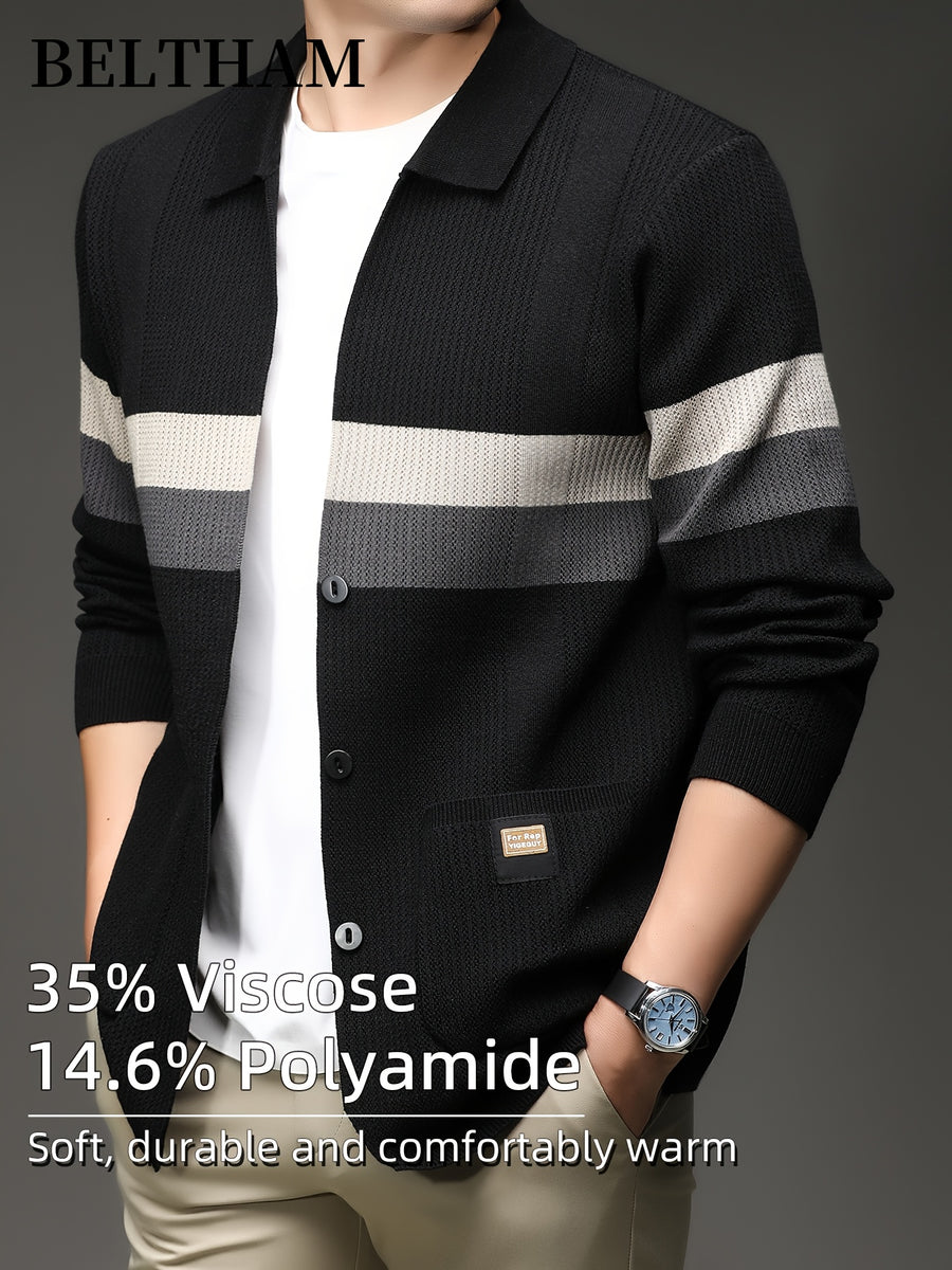 New Autumn Winter Men'S Striped Knit Cardigan, Ideal Gift for Dad And Husband, Lapel Collar Button Design, Soft Comfortable Knit Sweater, Minimal Elegant Versatile Top Cardigan Coat for Daily Outing Business Casual Camping Wear - Black