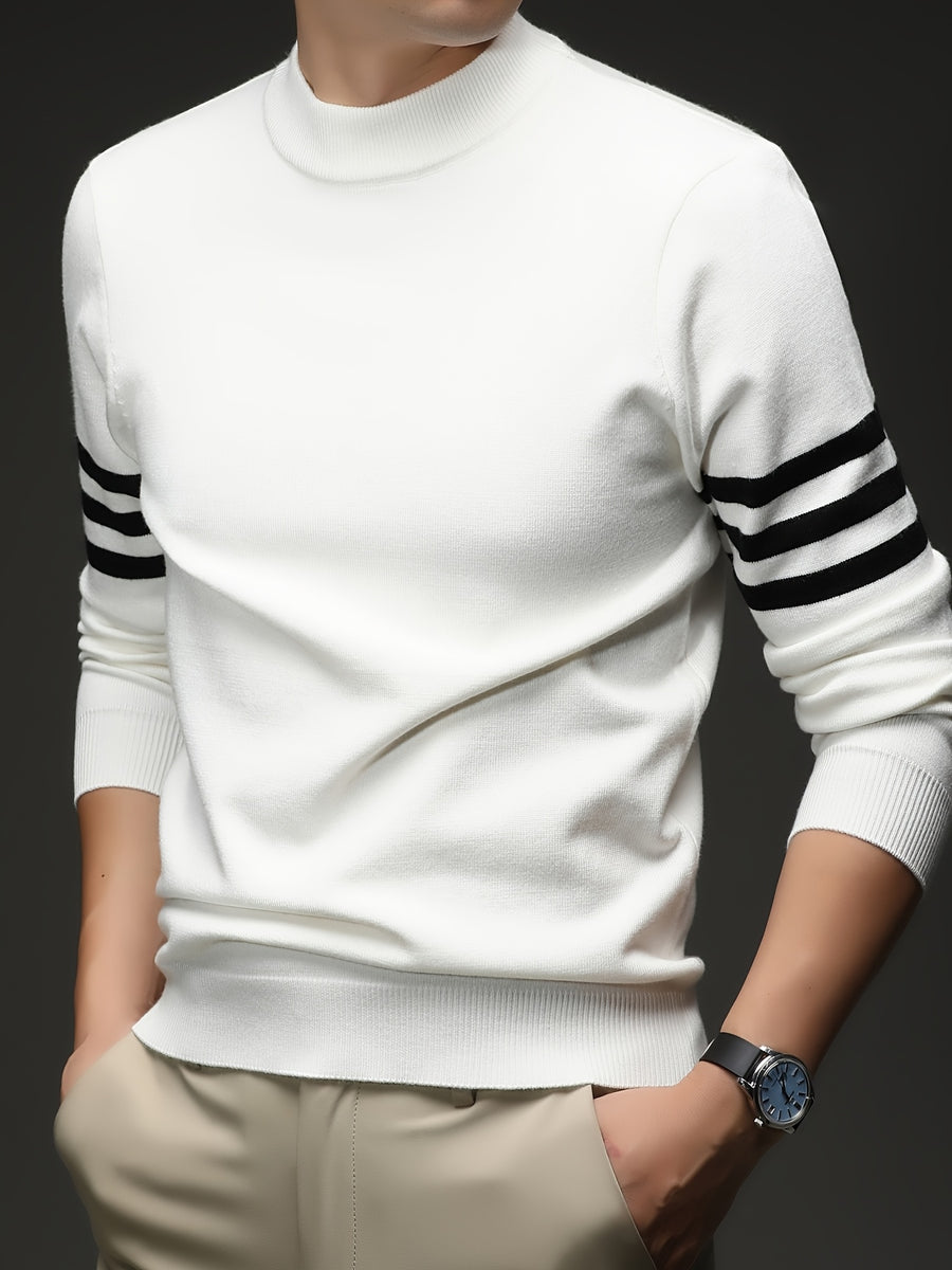 [Wading Whale OBM] 1pc Autumn Winter New Men'S Knit Pullover Sweater, Old Money Style Contrast Striped Round Neck Long Sleeve Knit Sweater for Men, Business Casual Fashion Striped Sweater, Suitable for Spring, Autumn, Winter Layering Or Inner Wear - White