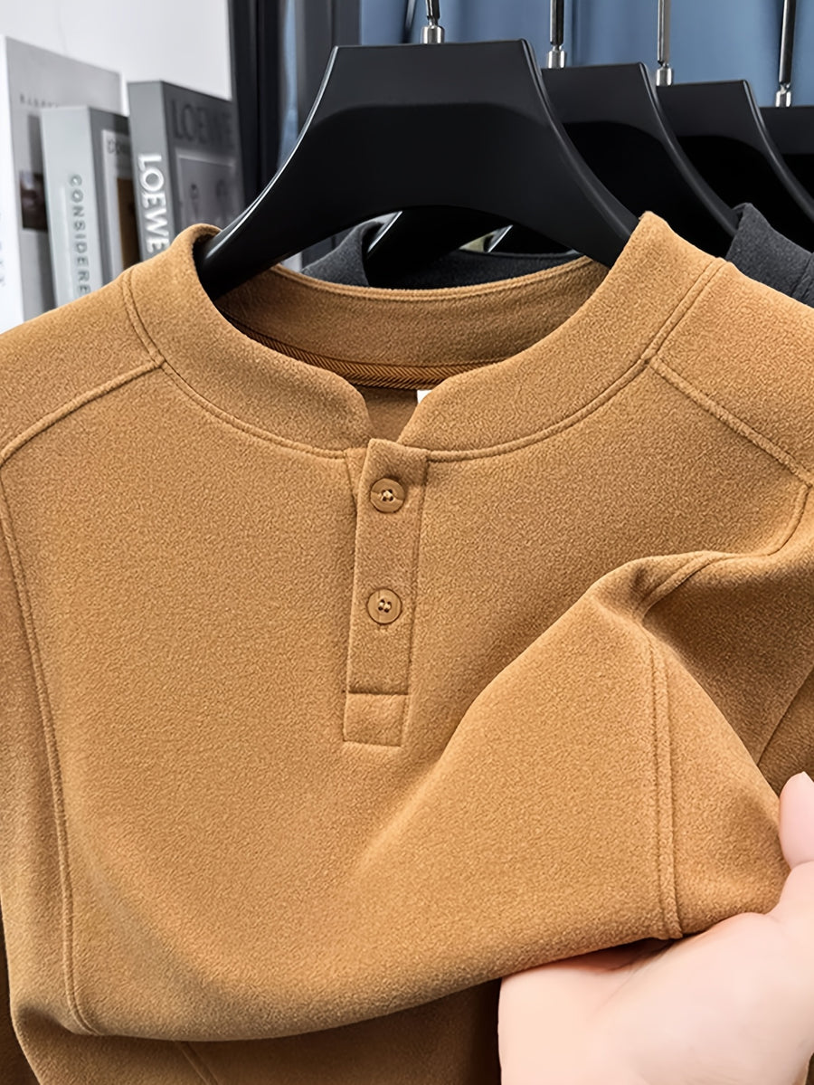 Men's Henley Neck Long Sleeve Base Layer Shirt, Slim Fit but Not Tight, Suitable for Middle-Aged Men, with a Light Business-Casual Vibe. -SINBOS - Yellow