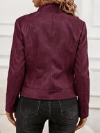 Plus Size Women'S Elegant Jacket - Soft Stretch Fabric, Metallic Zipper Design Spring/Autumn Outerwear - Burgundy