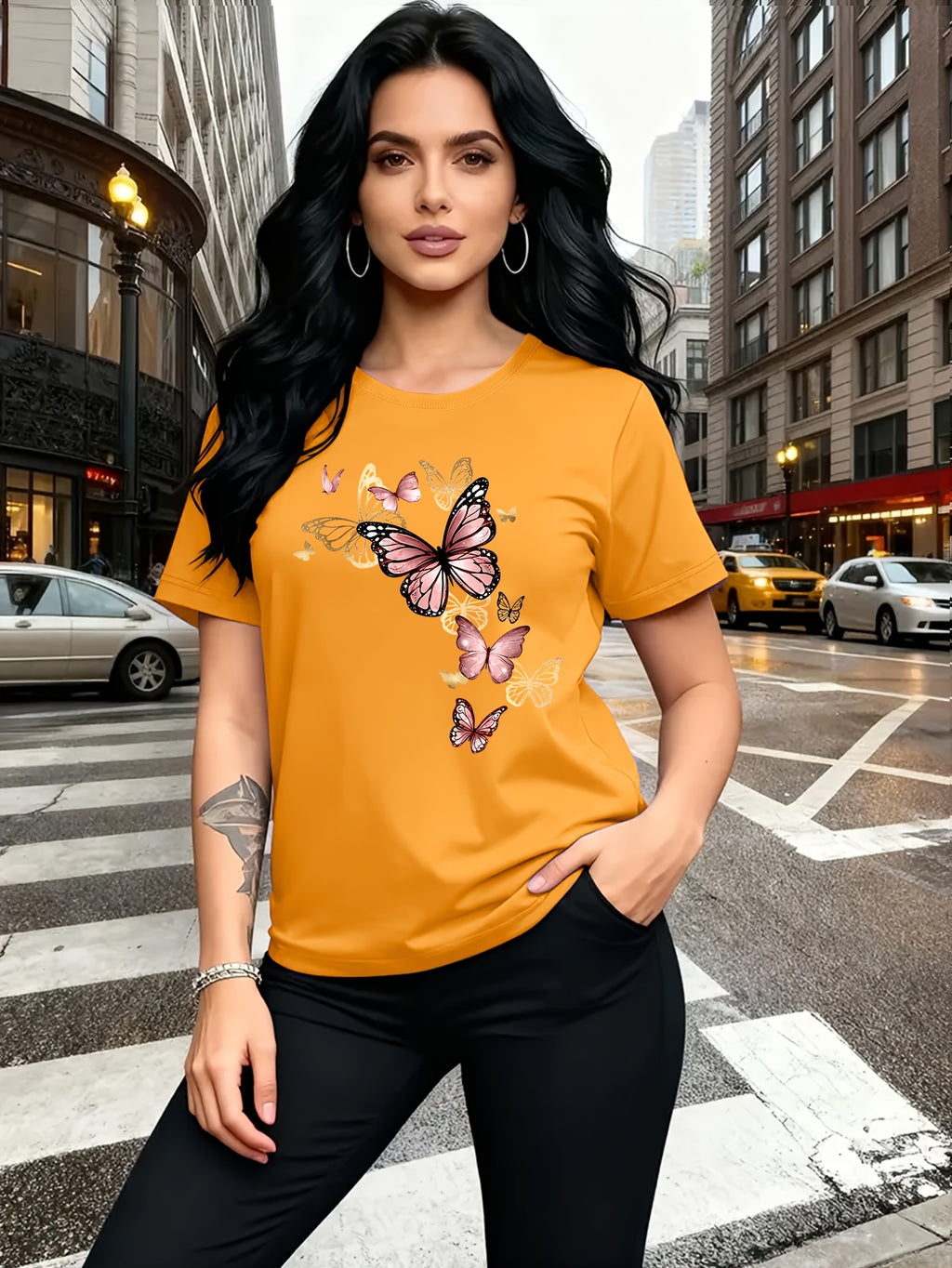 Watercolor Style Butterfly Pattern Print, Fashion Breathable T-Shirt, Family Travel, Campus, Casual, Daily Commute, Sisters' Matching Outfit, Versatile T-Shirt - Orange