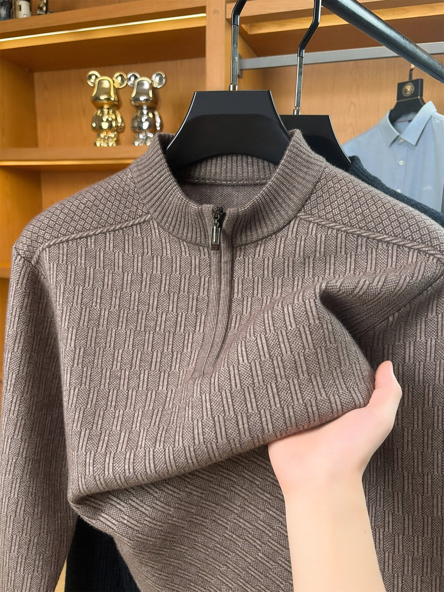 Autumn Winter Knit 3D Solid Round Neck Half-Zip Sweater, Basic Knit Pullover Top for Men, Fashionable Long Sleeve HJ - Camel