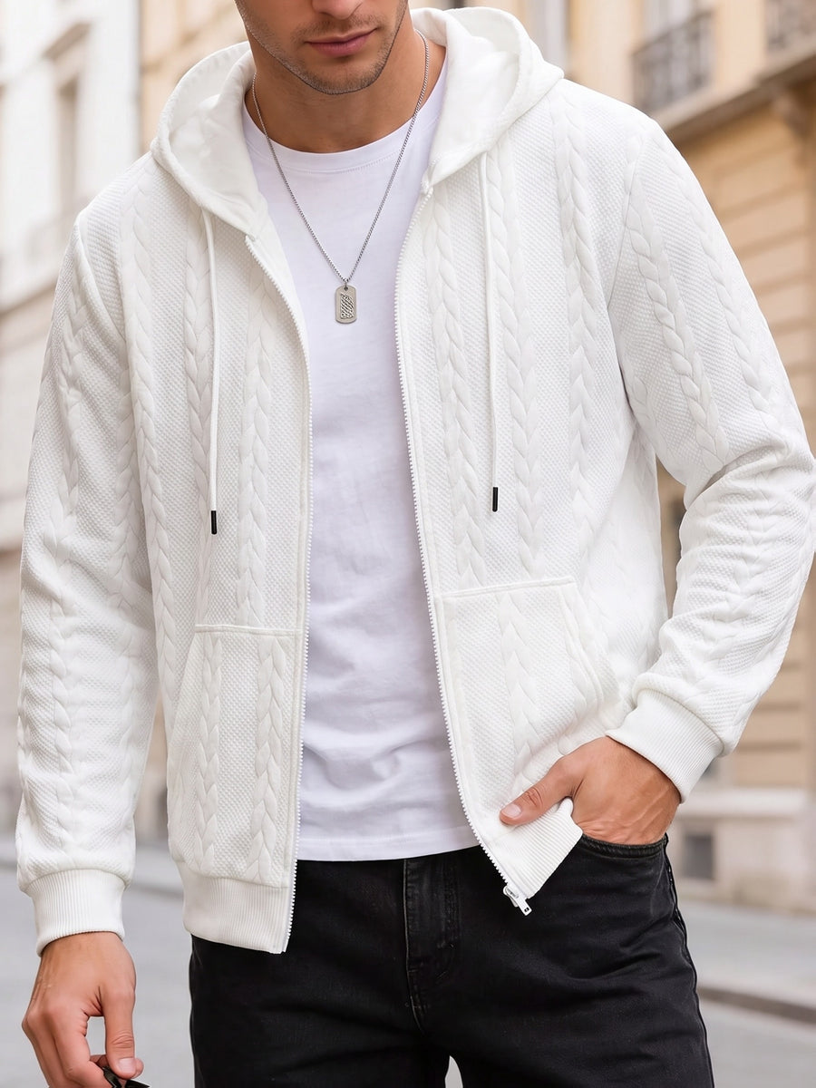 1pc Men'S Casual Knit Thick Hooded Shirt | Premium Soft Texture Skin-Friendly Fabric | Full Zipper Closure Design | Ribbed Cuff Design | Geometric Pattern Jacquard Texture | Loose Comfortable Fit | Soft Skin-Friendly Comfortable Warm | Indoor Office - White