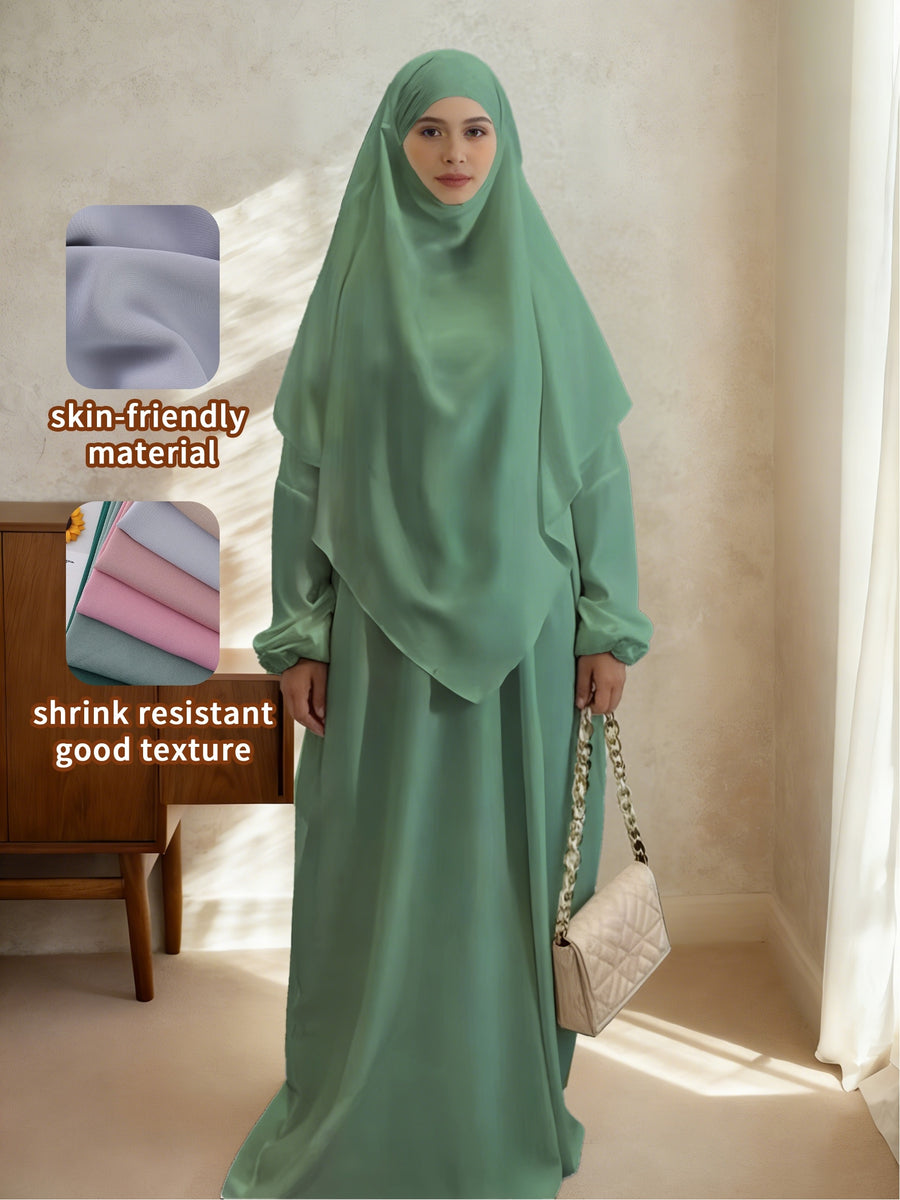 2pcs Easy Solid Abayas, Dignified Long-Sleeved Dresses, Asian Women'S Size Clothing, Elegant And Suitable for Gifting During Ramadan - Emerald Green