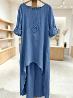 Women' Elegant Asymmetric Oversized Shirt - Loose Fit Long Sleeve Round Neck Blouse with Short Front & Extended Back Length, Layering Piece Suitable for Spring/Fall, Casual to Dressy Wear (No Stretch) - Deep Blue