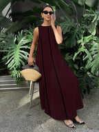 [Size for Regular Fit] Women's Simple Vacation Loose-Fit Comfortable Color-Block Contrast Trim Long Tank Dress - Burgundy