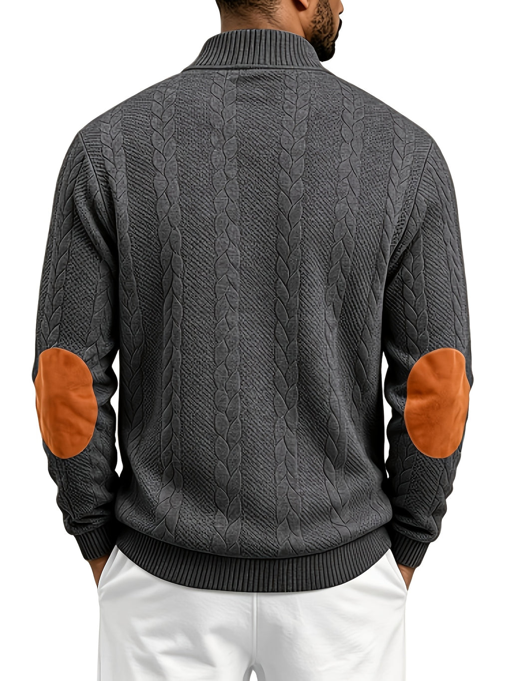 Men'S Casual Long Sleeve Knit Sweater, Textured Cable And Diamond Pattern, Stand Collar with Button Placket, Contrast Elbow Patch Details, Ribbed Cuffs And Hem, Ideal for Fall Winter Work, Travel, Golf And Daily Wear - Dark Gray