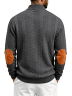 Men'S Casual Long Sleeve Knit Sweater, Textured Cable And Diamond Pattern, Stand Collar with Button Placket, Contrast Elbow Patch Details, Ribbed Cuffs And Hem, Ideal for Fall Winter Work, Travel, Golf And Daily Wear - Dark Gray