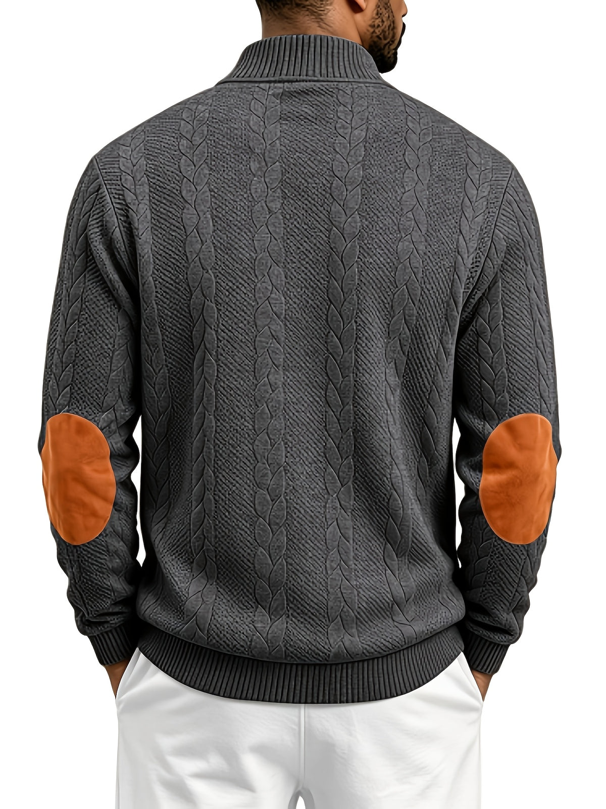 Men'S Casual Long Sleeve Knit Sweater, Textured Cable And Diamond Pattern, Stand Collar with Button Placket, Contrast Elbow Patch Details, Ribbed Cuffs And Hem, Ideal for Fall Winter Work, Travel, Golf And Daily Wear - Dark Gray